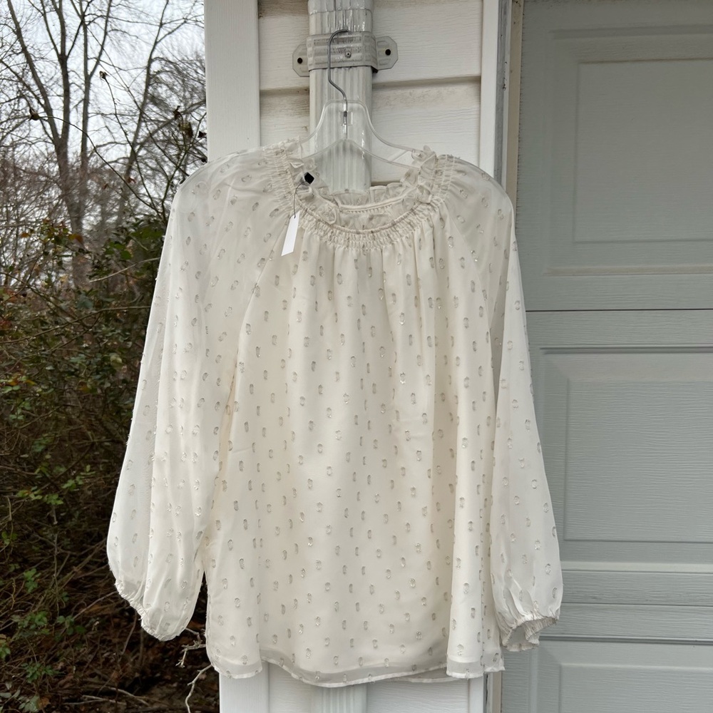 NWT Talbots Shimmering Cream Silver Dot Ruffle Neck Lined Bodice Blouse